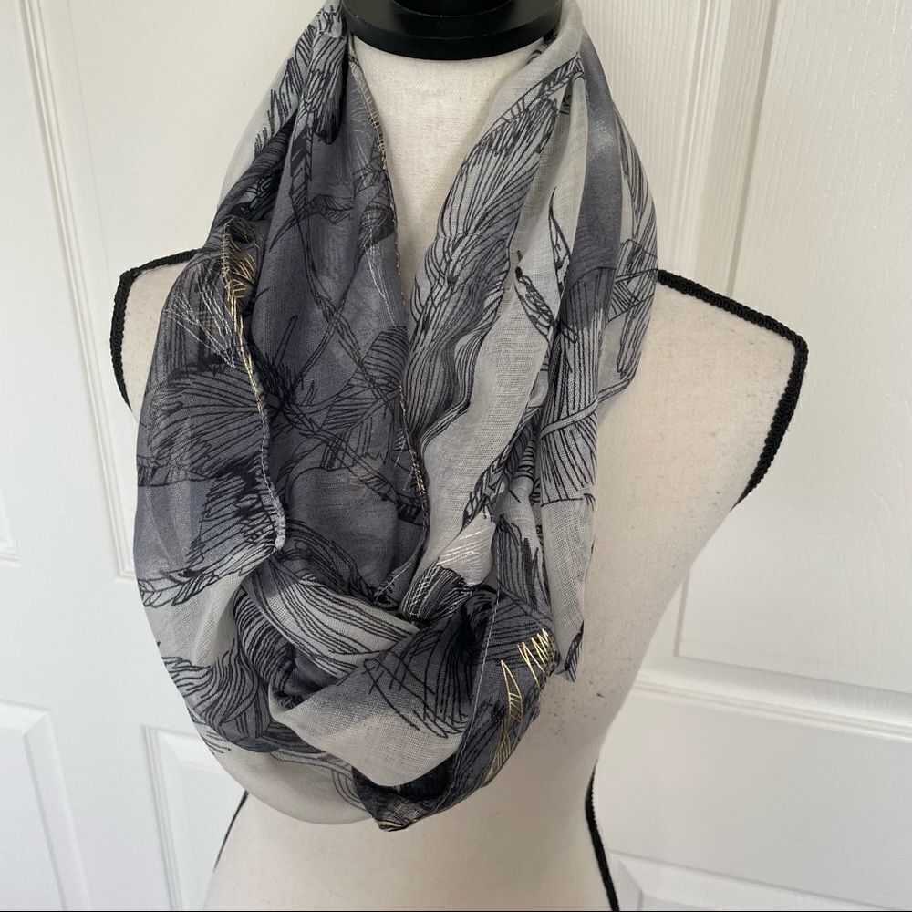Gray Silver And Gold Leaves Lightweight Almost Tie-dyed Infinity Scarf